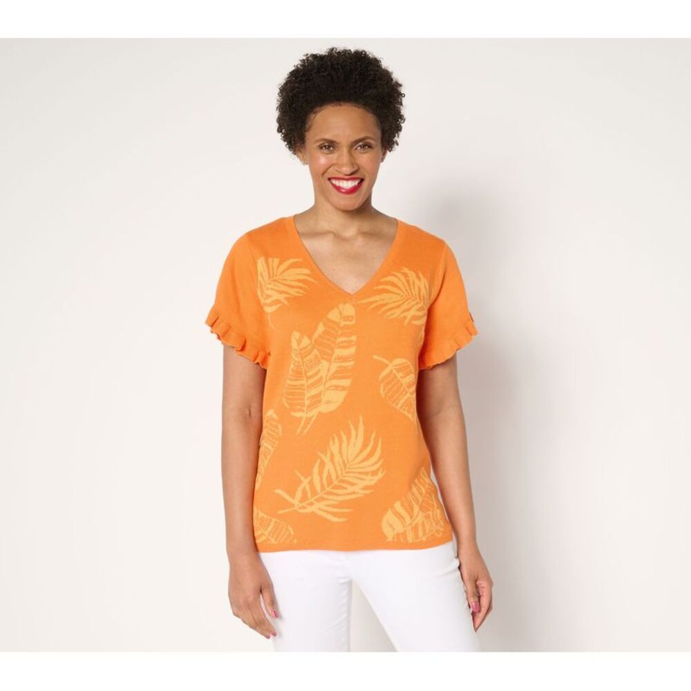 Susan Graver Women's Top Sweater Sz L Jacquard Flutter Sleeves Nectarine A691331